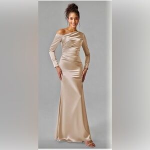 AW ANYA DRESS Satin Champagne Asymmetrical neckline long sleeve Sz 12